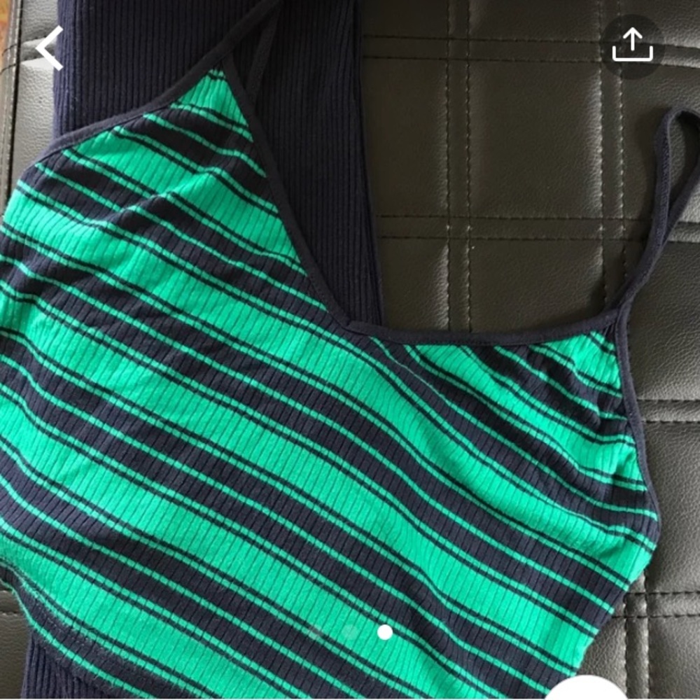Blue/Green striped tank top with a navy blue skirt
